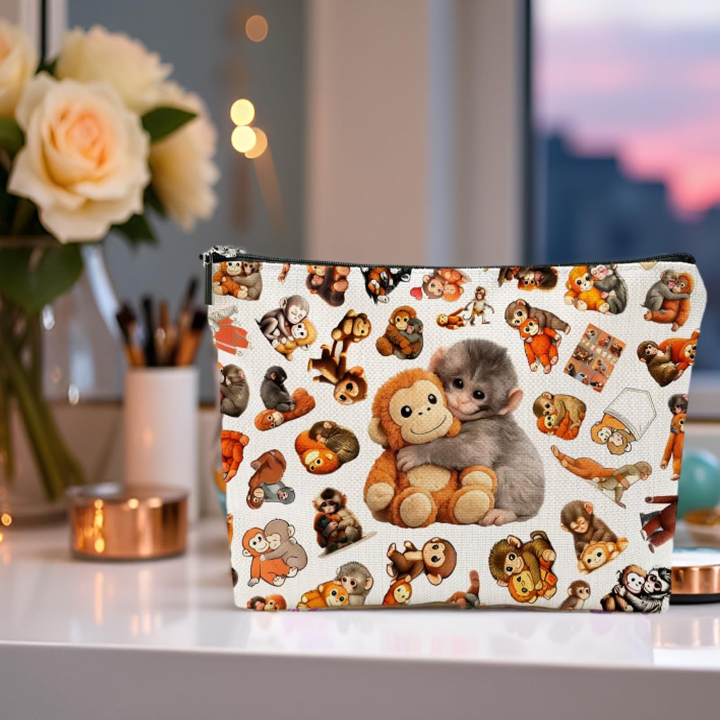 NONETH Punch Monkey Makeup Bag for Women, Funny Cosmetic Bag & Travel Toiletry Pouch, Viral Meme Makeup Pouch for Best Friend, Mom