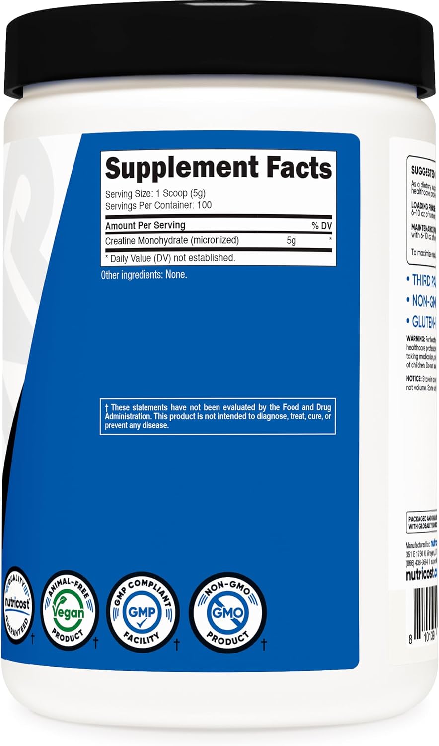 Creatine Monohydrate Micronized Powder - 5000mg Per Serving | 500g (17.9 Oz) - 100 Servings