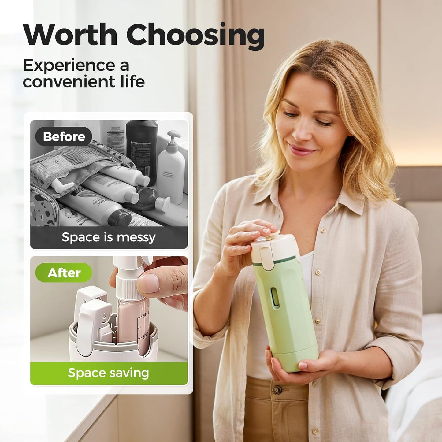 Travel Dispenser Bottle - 4 in 1 Leak-Proof Toiletries Container | Compact Shampoo & Conditioner Set (White)