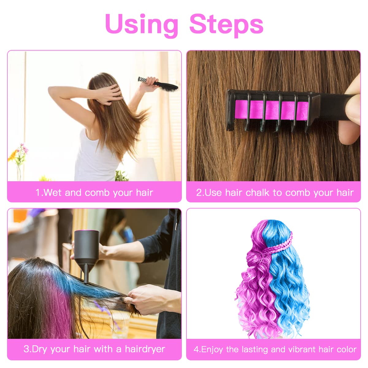 Hair Chalk Comb Set for Kids - Temporary Bright Washable Color Dye | 5 Pink + 5 Blue, Perfect for Birthday & Halloween Gifts