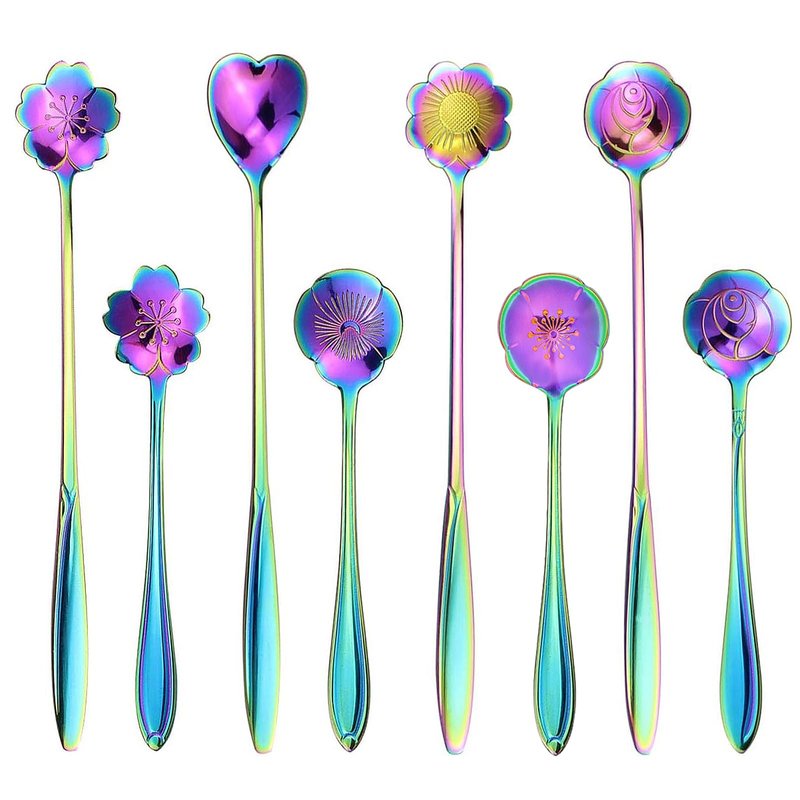 SelfTek 8Pcs Rainbow Flower Spoon Set, 2 Different Size Colorful Stainless Steel Reusable Coffee Sugar Stirring Dessert Cake Tea Scoops Table Mixing Ice Tea Spo-on