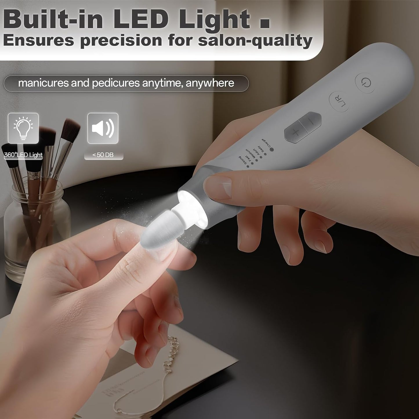 Electric Nail File Drill - Cordless 2000 mAh Rechargeable Portable Machine for Acrylic Manicure & Thick Toenails | Silver