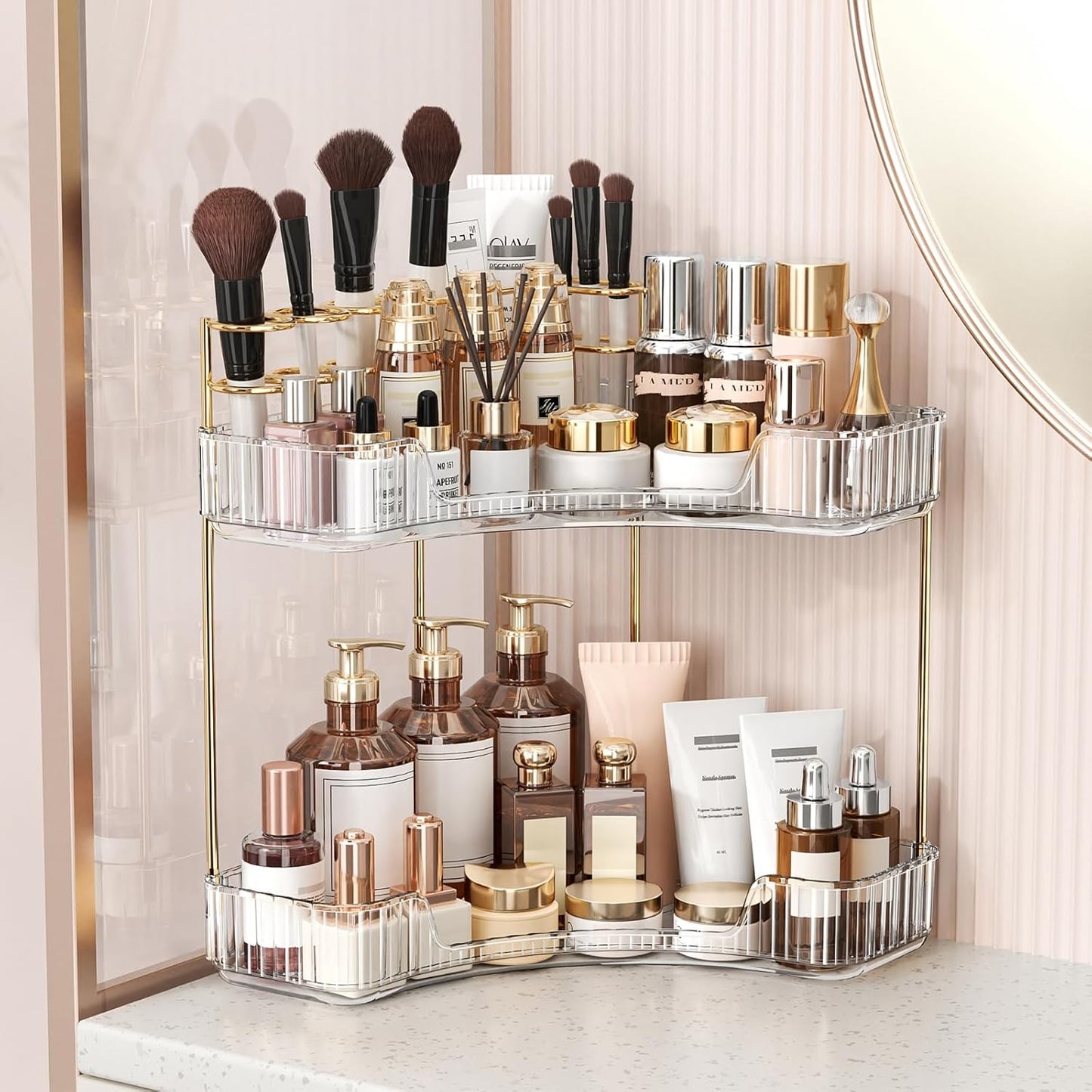 Corner Bathroom Counter Organizer - 2-Tier Makeup & Skincare Storage with Brush Holder | Gold Finish