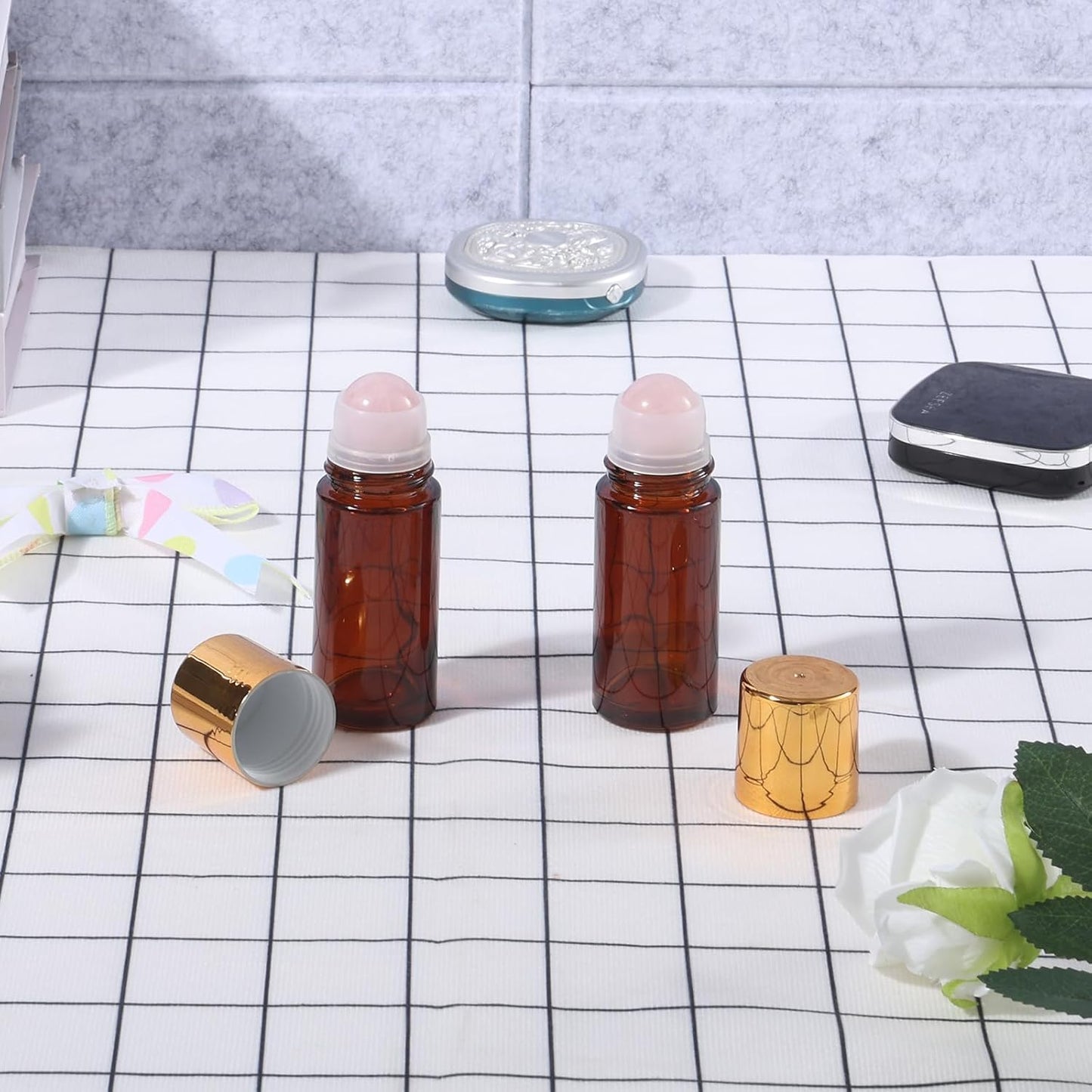 Amber Glass Roll-On Bottles for Essential Oils - 2 Pack 1.7oz Refillable Applicators with Rose Quartz Roller Ball | Leak-Proof Aromatherapy Containers