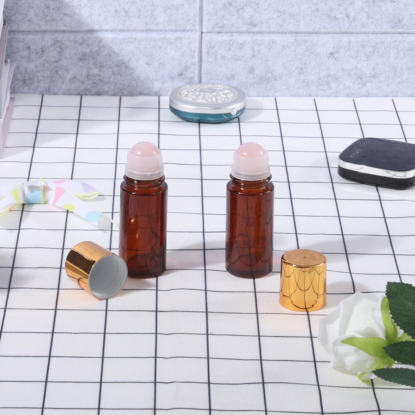 2 Pack 1.7oz Large Amber Glass Roll on Bottles for Essential Oils, Refillable Roller Ball Applicator with Rose Quartz Roller Ball, Perfume Deodorant Containers, Leak-Proof for Aromatherapy & Skincare