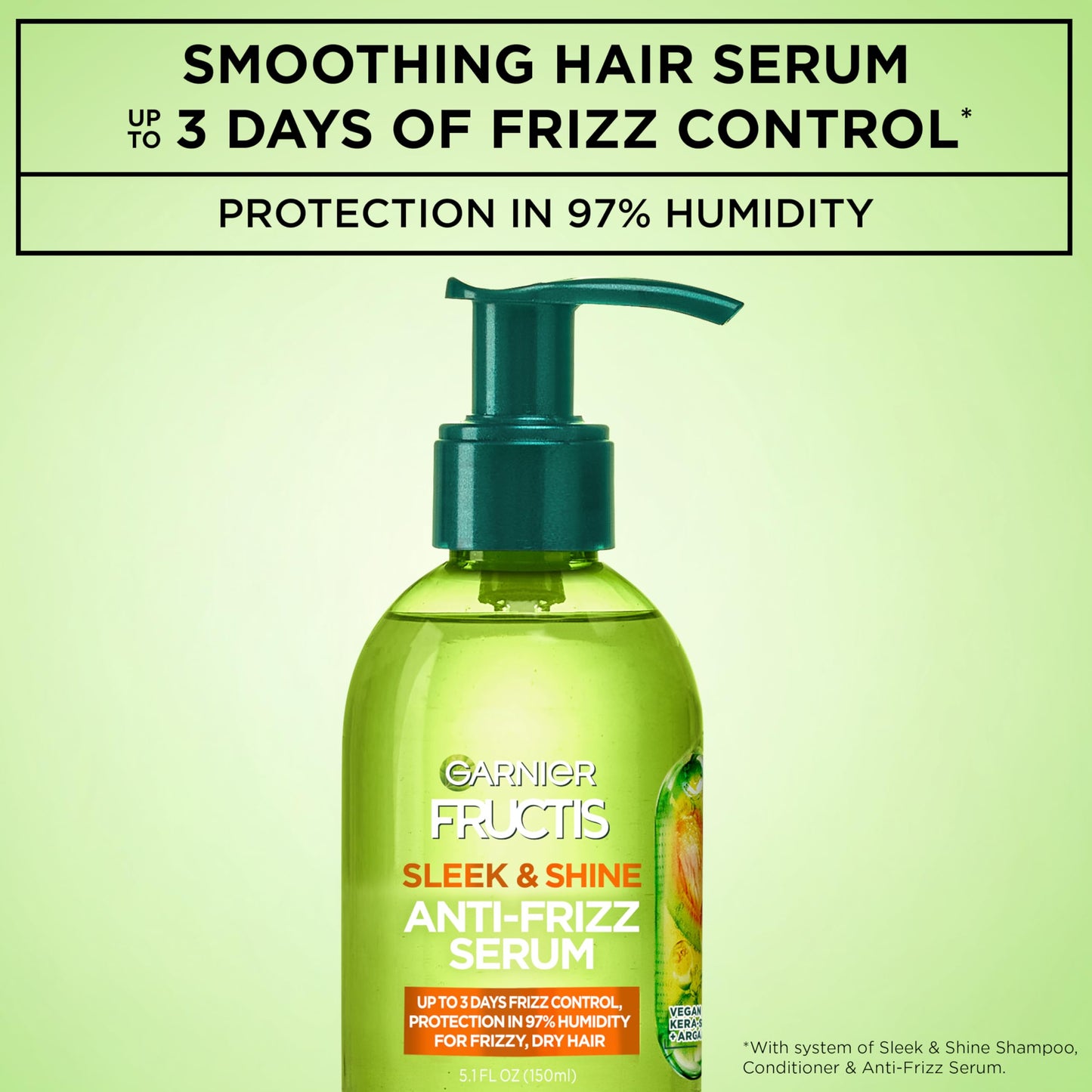 Garnier Fructis Sleek & Shine Anti-Frizz Hair Serum for Frizzy, Dry Hair, Leave-In Argan Oil Infused Formula with Up to 72HRs of Frizz Control, Smooths Flyaways & Boosts Hair Shine, 5.1 Fl Oz (2 Pack)