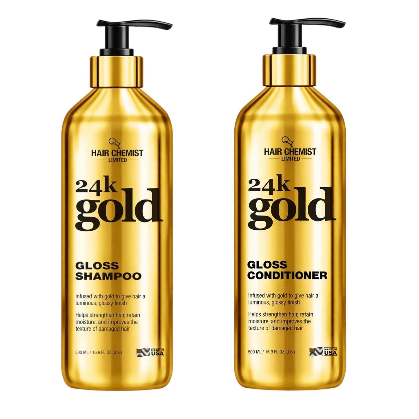 Hair Chemist 24K Gold Gloss Shampoo & Conditioner 16.9 oz. 2-PC Set – Strengthening & Shine Enhancing Hair Care System – Hydrating, Smoothing & Repairing Formula for Dry, Damaged & Color-Treated Hair