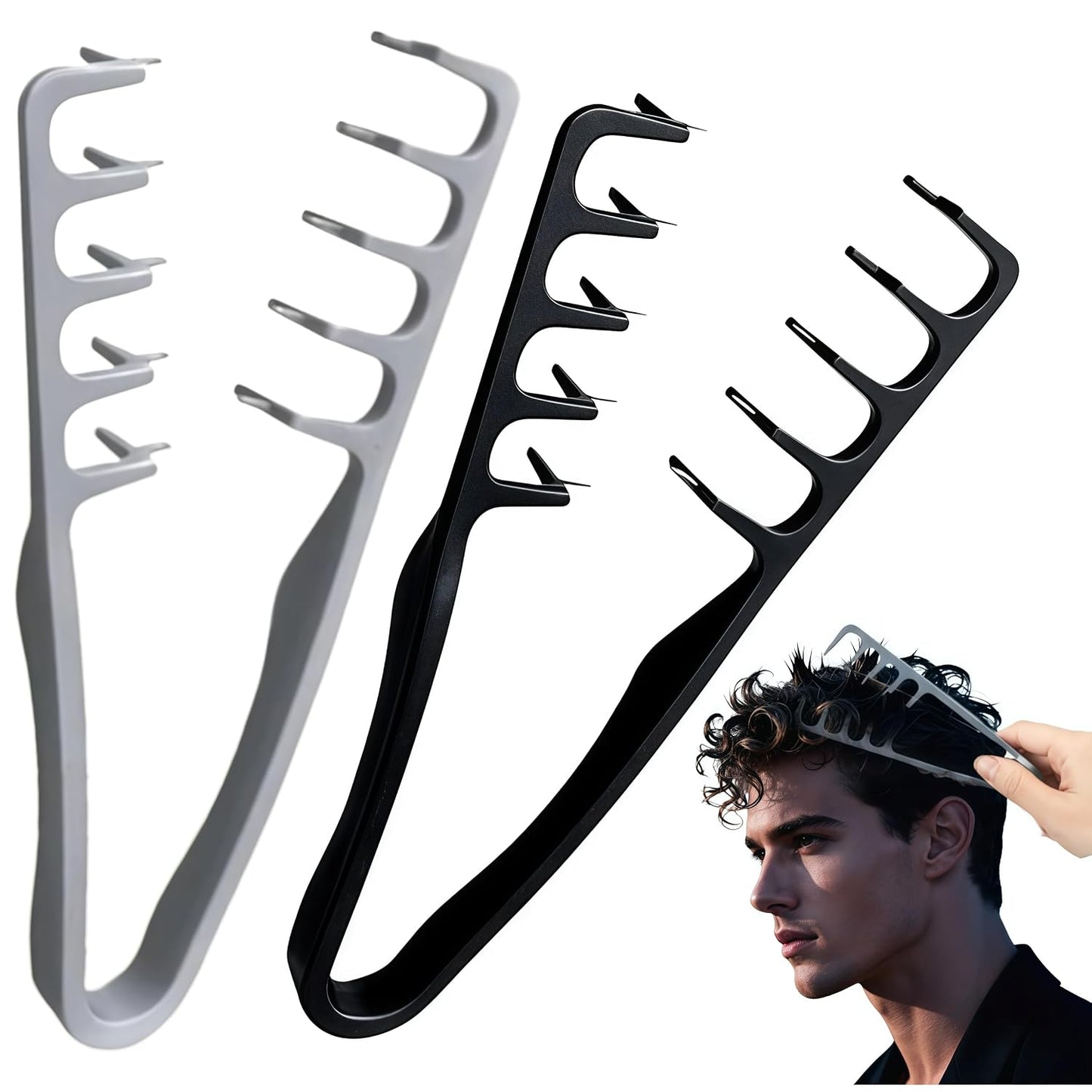 Volumizing Texture Comb Set - 2Pcs Wide-Tooth Hair Combs for Fluffy Hairstyles | Grey & Black