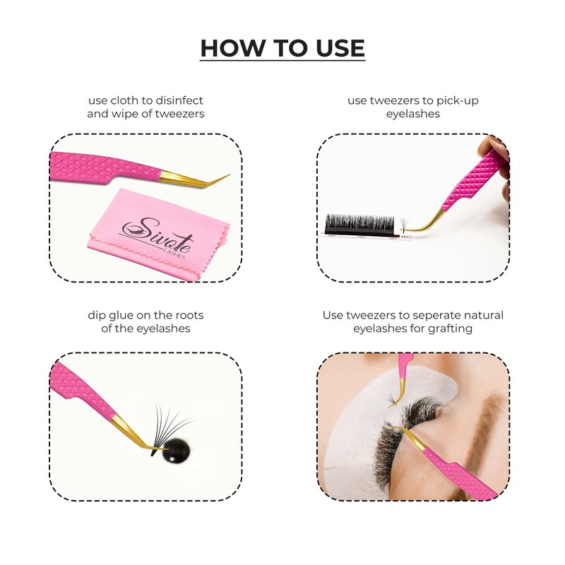 SIVOTE Fiber Tip eyelash tweezers for lash extensions with Diamond Grip, Pink, Set of 4 - Precise Tips Japanese Steel for Classic, Volume & Mega Volume Lashes, Anti-Rust - Ideal for Lash Artists