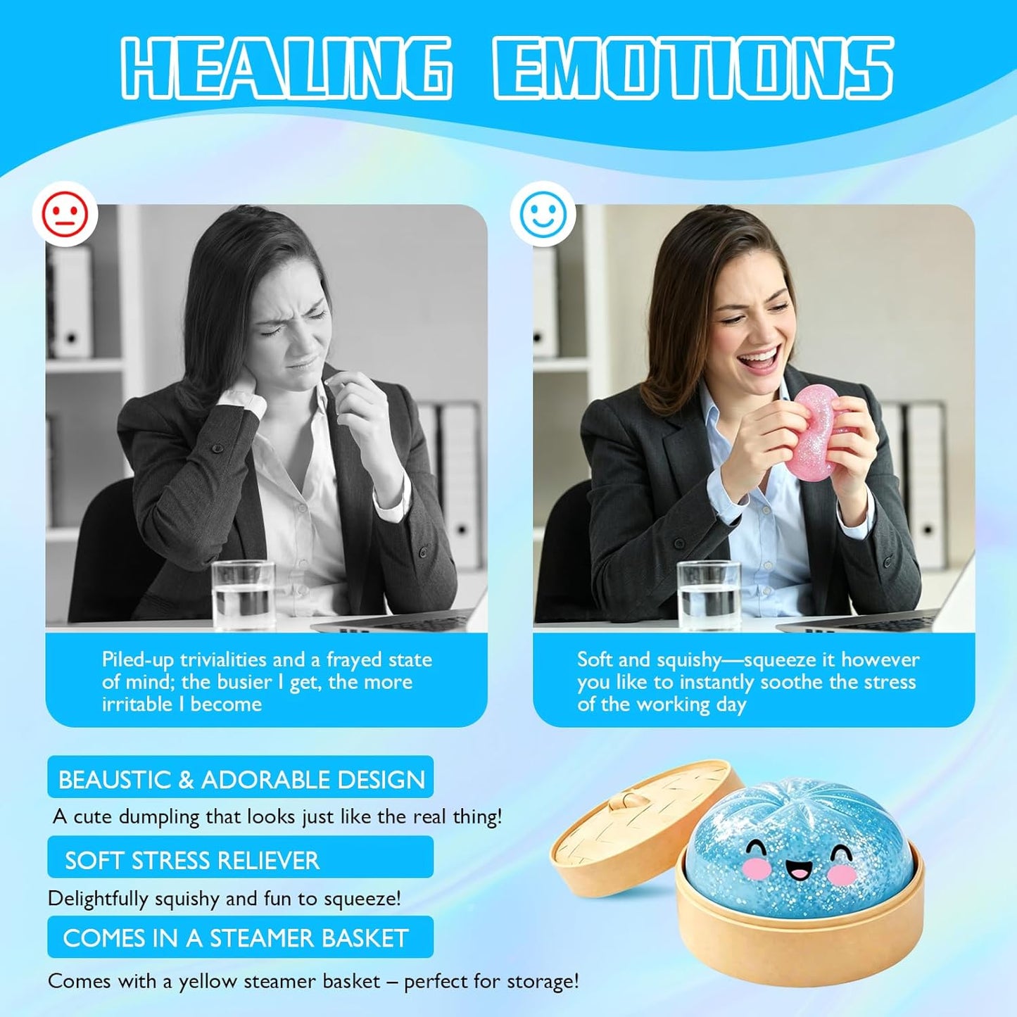 Glitter Dumpling Squishy Box | Realistic Fidget Toy for Anxiety Relief - Large Blue Squishies for Teens & Adults