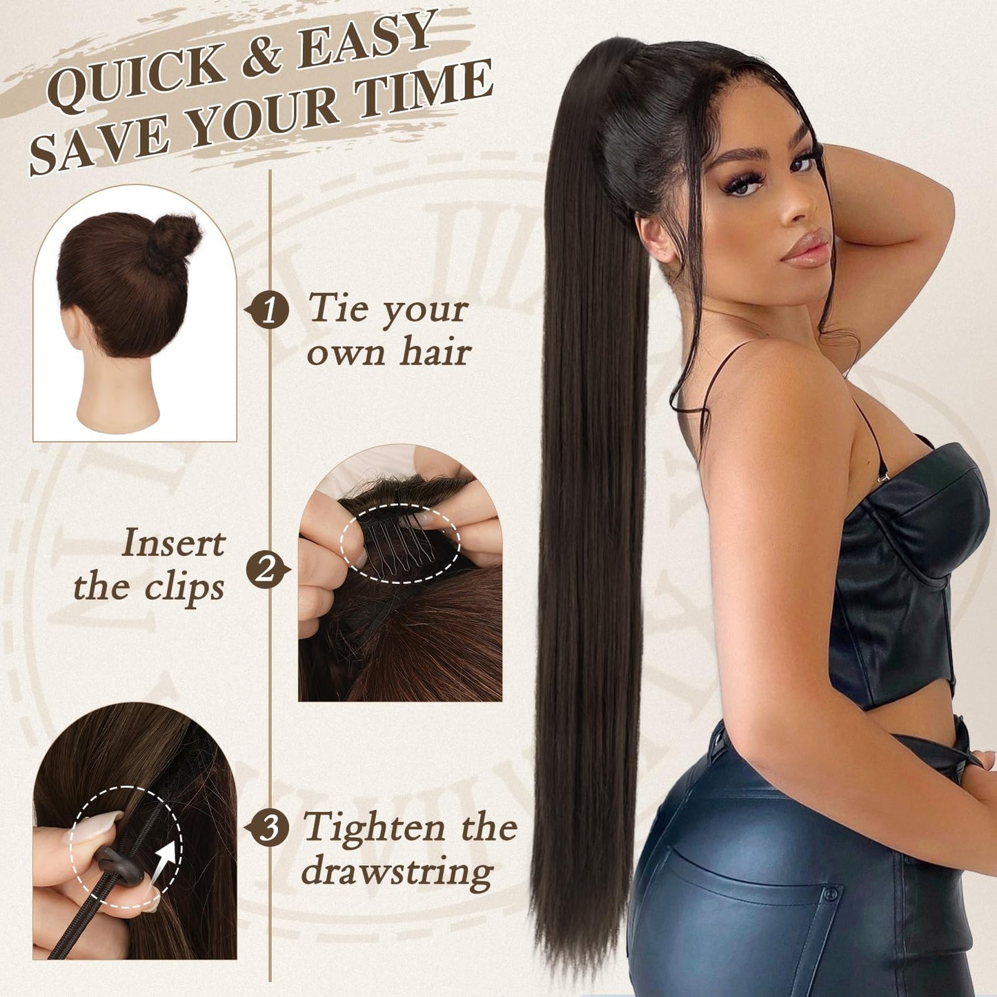 BARSDAR Black Ponytail Extension - 34 Inch Drawstring Long Straight Ponytail Hair Extensions Synthetic Fake Pony Tails Hairpieces Clip in Ponytail Extension for Women Girls Daily- Jet Black