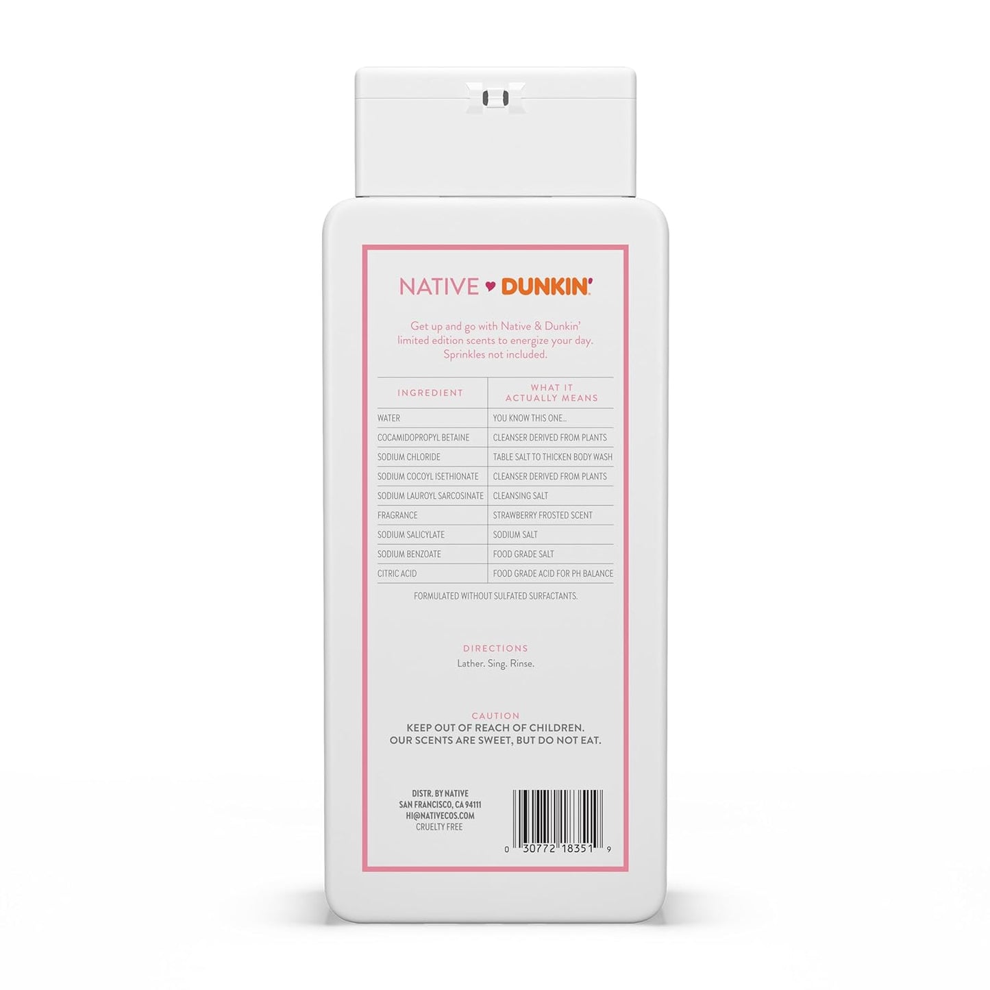 Native Body Wash - Dunkin Strawberry Frosted | Naturally Derived Ingredients, Sulfate & Paraben Free | 18 oz