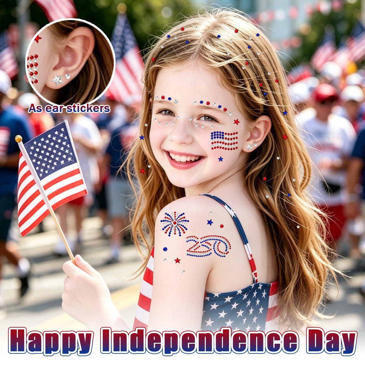 Mysense 4th of July Face Gems Stickers, Red White Blue Rhinestone Face Jewels, 250th Anniversary Flag & Fireworks, Self-Adhesive for Women’s 4th of July Outfits, Makeup & Party Accessories