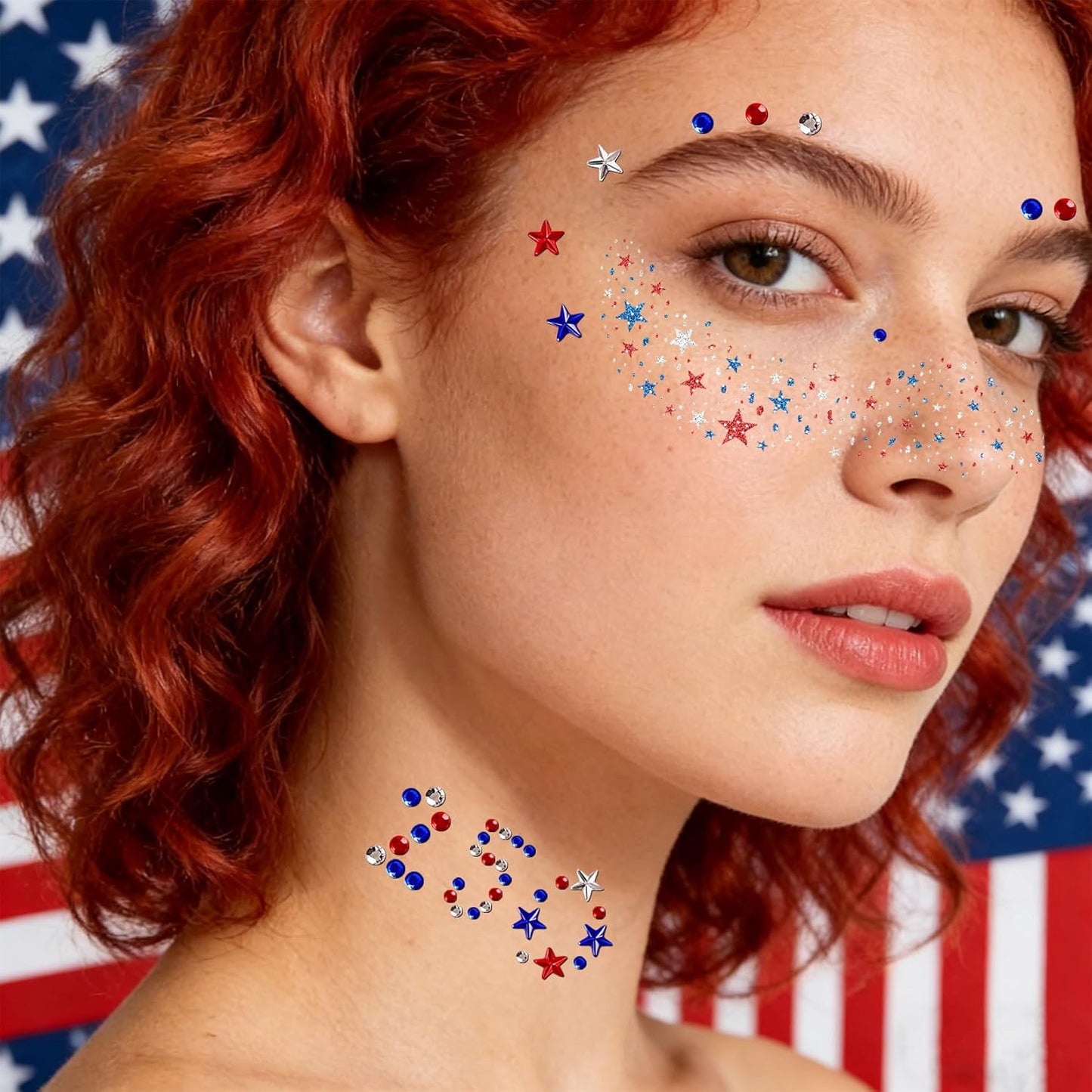 Patriotic 4th of July Face Gems - 10 Pcs Red, White & Blue Glitter Freckles for Women & Kids | USA Face Stickers