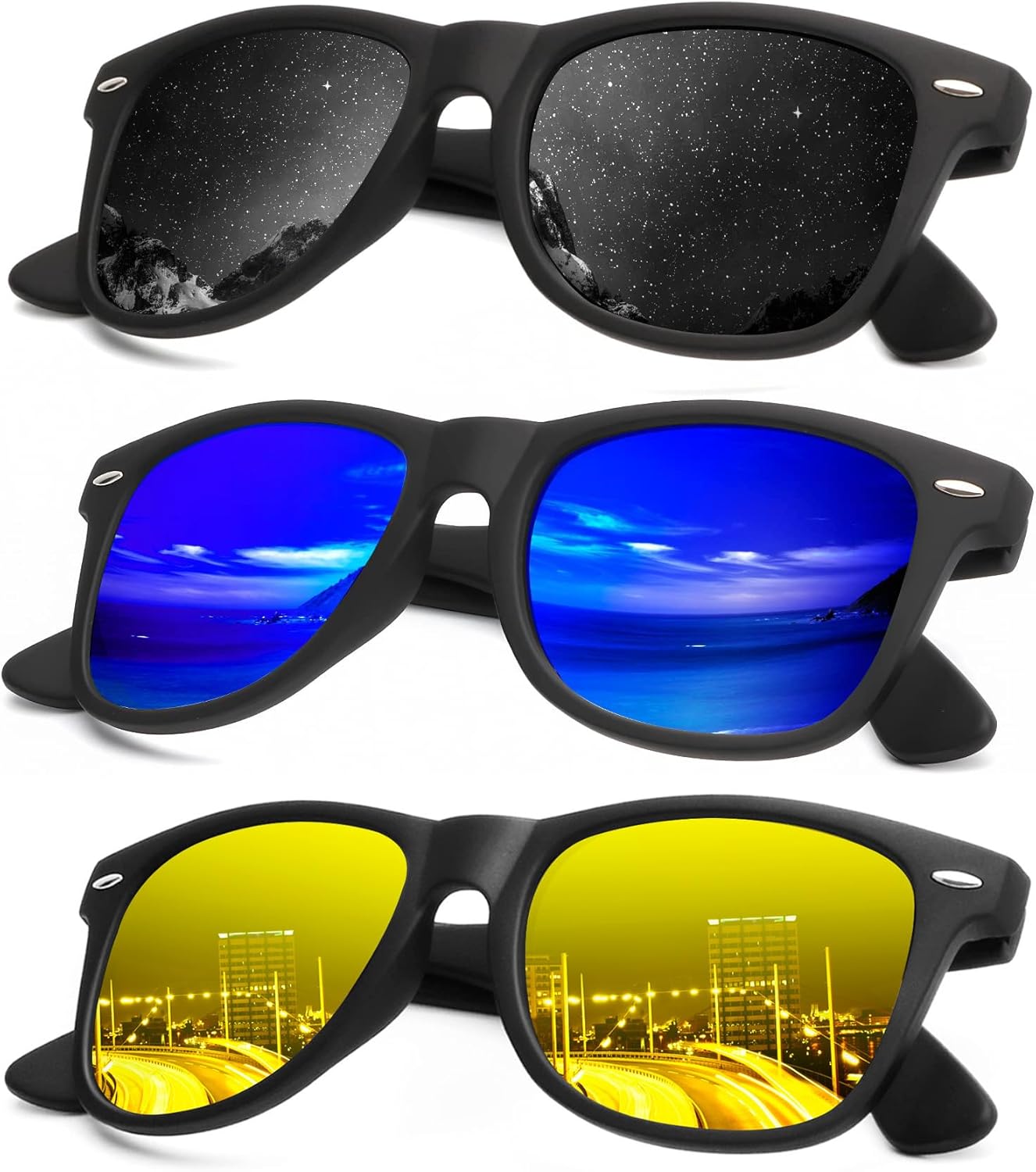 KALIYADI Polarized Sunglasses - Matte Finish, UV Blocking, Color Mirror Lenses | 3-Pack for Men & Women