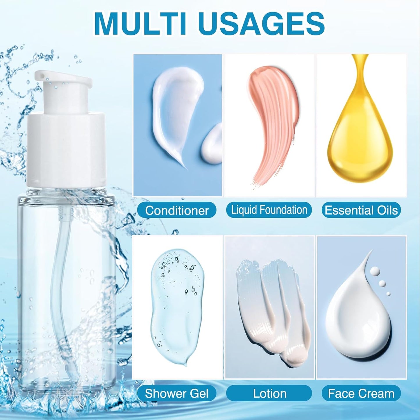 Travel Pump Bottle Set - 2 Refillable Clear Lotion Containers for Cream & Essential Oils | Perfect for Travel & Bathroom Use