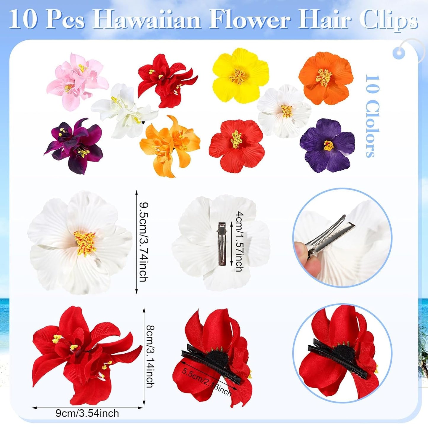 Hawaiian Flower Hair Clips - 10 Pcs Plumeria & Hibiscus Accessories | 3.5 Inch for Beach Parties