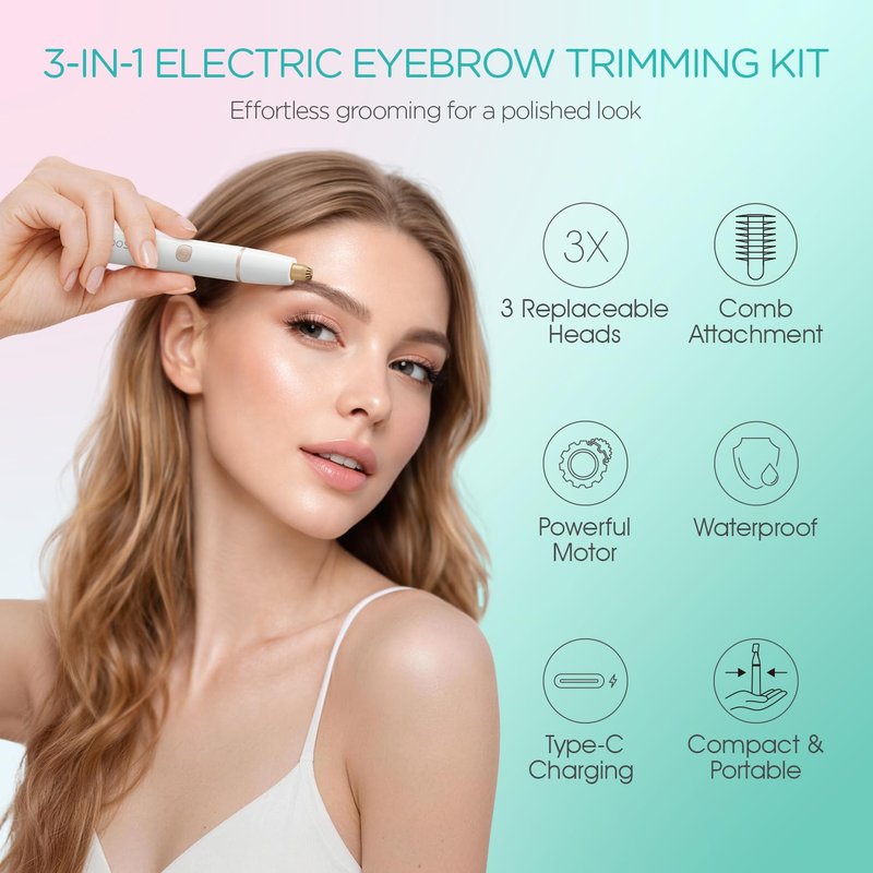 VOGOE Eyebrow Trimmer for Women, 3-in-1 Electric Eyebrow Razor & Facial Hair Remover, Painless Rechargeable & Portable for Brows, Peach Fuzz, Lips and Chin (White)