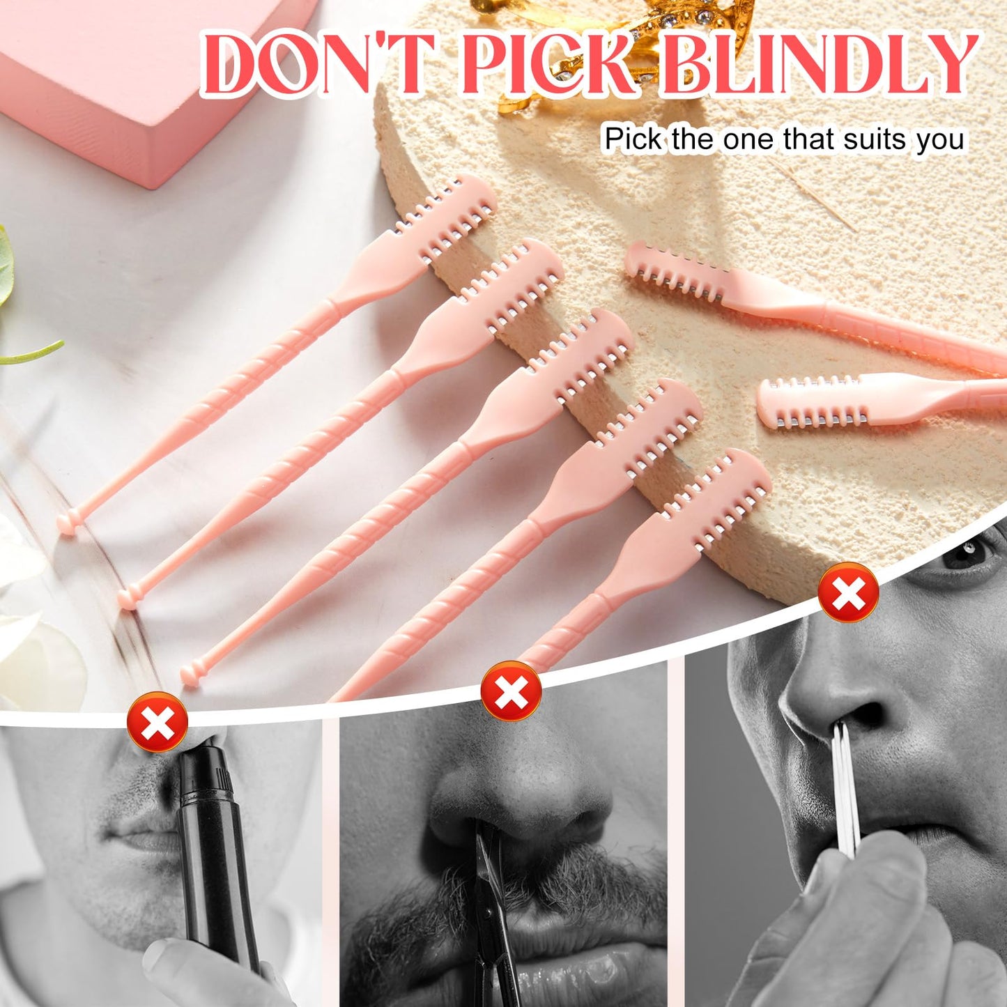 Lothee 50 Pcs Manual Nose Hair Trimmer, Nasal Hair Cutter Bulk for Women, Portable 360 Rotating Nose Hairs Remover Tools for Home, Travel and Beauty Salon, Velvet Storage Bag(Pink)