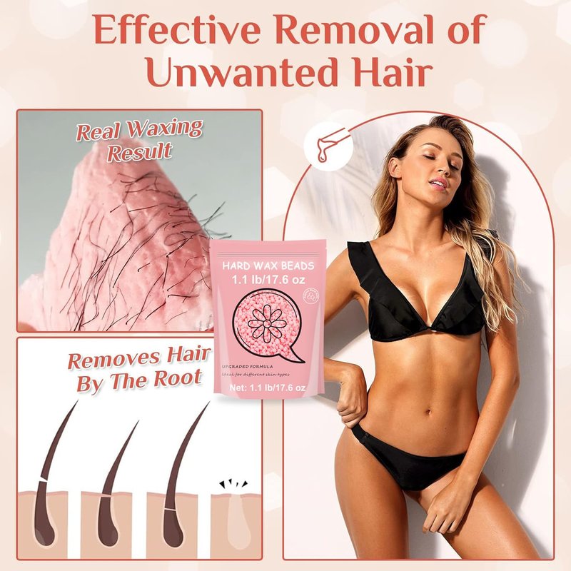 Bouvetan Hard Wax for Hair Removal, 1.1lb/17.6oz, Sensitive Skin wax Beads for Face, Legs, Armpit, Brazilian, Bikini and Full Body at Home, Natural and Gentle Waxing Beads (Rose)