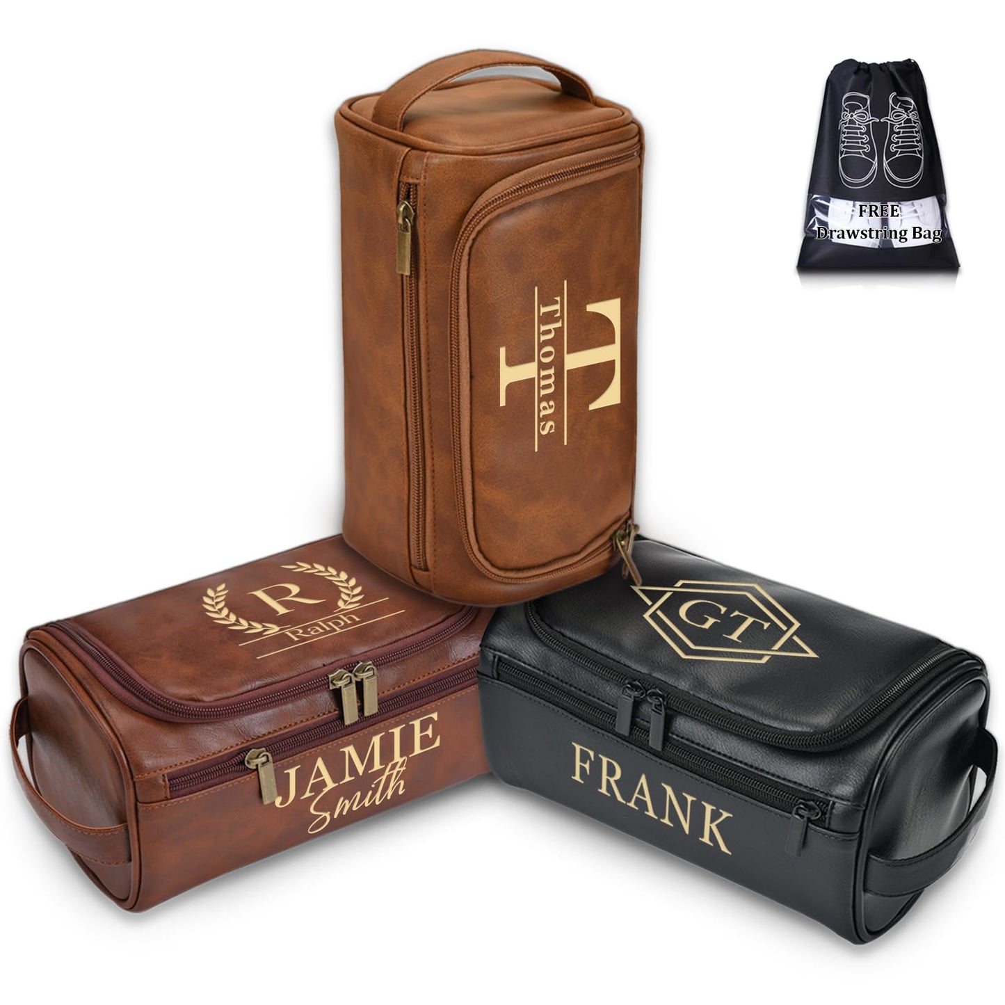Seozata Personalized Leather Toiletry Bag for Men, Custom Engraved Travel Dopp Kit Bag, Customized Name Initials Gift for Groomsmen, Best Man, Father's Day, Wedding, Birthday, Husband, Grandpa
