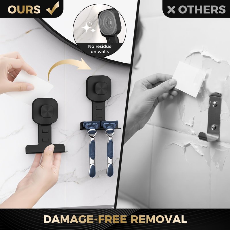 BKV Suction Cup Razor Holder for Shower,Reusable Shaver Holder for Shower,Stainless Steel Bathroom Suction Hooks for Towel,Loofah,Shaver,Damage Free Install & Remove-Black(2 Pack)