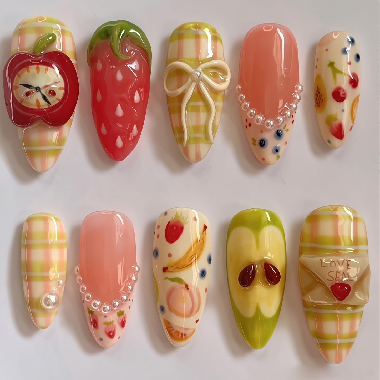 Pink Press-On Nails - Medium Almond 30-Pc Set with Gold Beach Star & 3D Flower Designs | Full Cover Acrylic Nails for Women