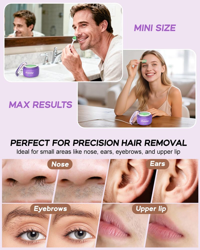 Nose Wax Kit Men, Mini Wax Warmer for Facial Hair Removal, Ear Eyebrow Waxing Kit for Women Men With 100g Beads, 10 Applicators, 10 Nose Sticks, Portable Melt Machine for Home Travel Use - Purple