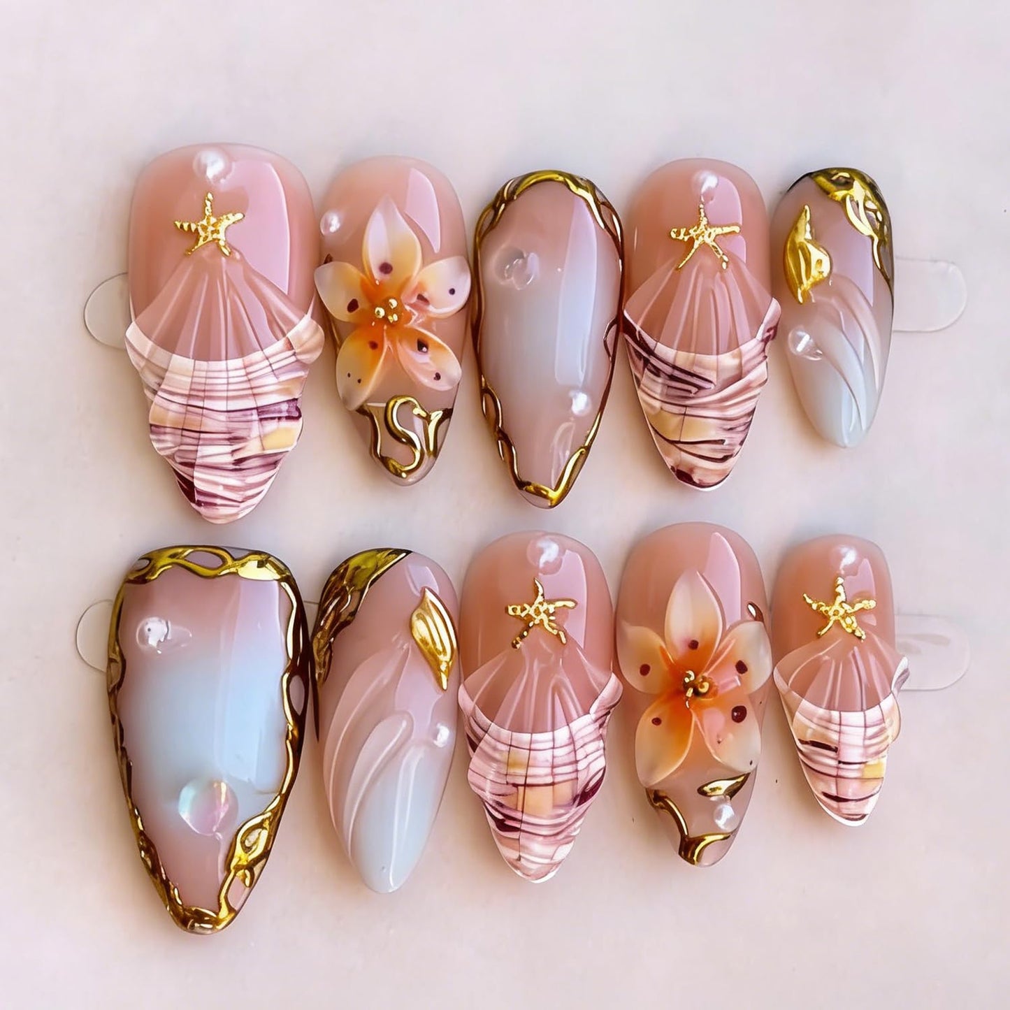 Almond Press-On Nails - 30 Pcs Medium 3D Gold Star Design | Glossy Full Cover Butterfly Acrylics