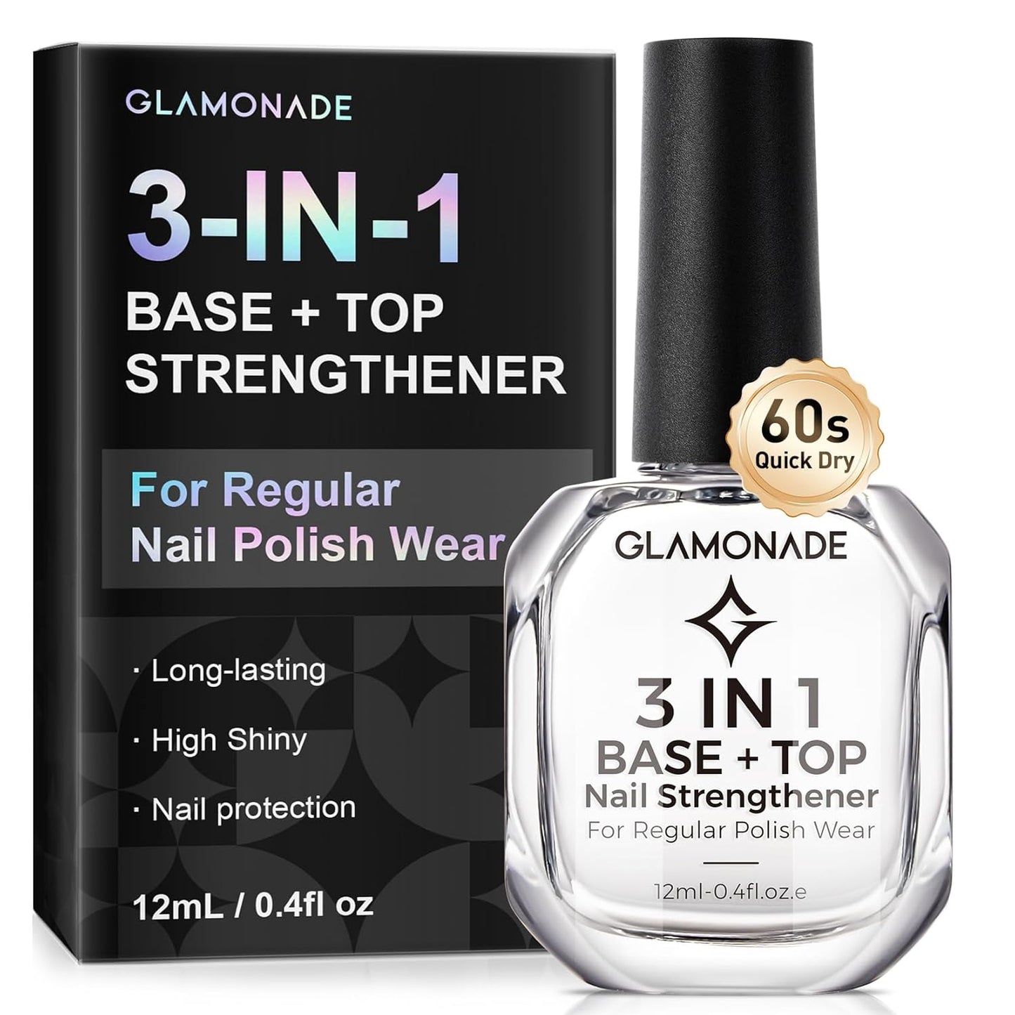 Glamonade 3-In-1 Clear Nail Polish - Quick Dry Top Coat & Nail Strengthener | 12ml High Gloss Finish