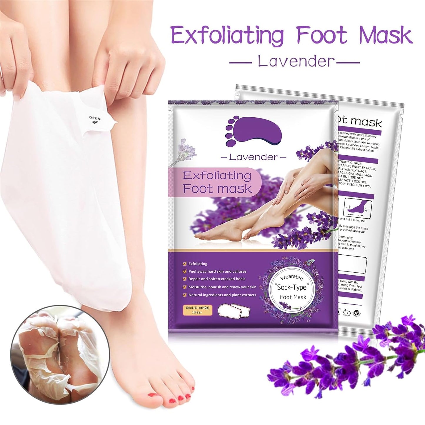 Foot Peel Mask - 5 Pack Exfoliating Treatment for Dead Skin, Calluses & Cracked Heels | Lavender Scent