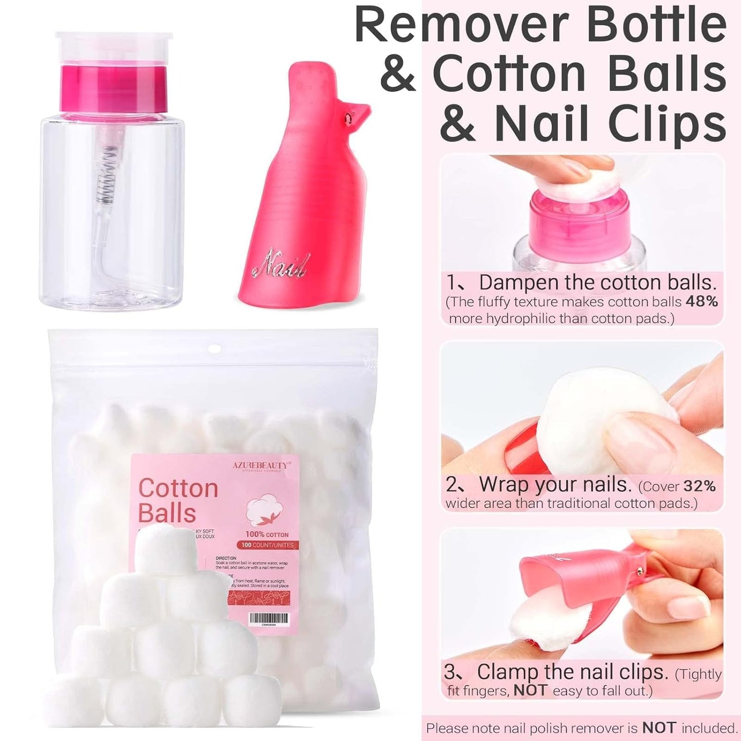 Nail Polish Gel Remover Kit - 150ml Remover, Nail Clips, Cuticle Oil & 100 Cotton Balls | Complete Nail Art Tools Set