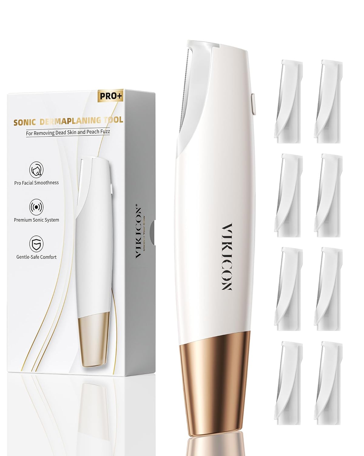 Sonic Dermaplaning Tool - Rechargeable Facial Hair Remover & Exfoliator | 8 Refill Blades, Smooth Skin - White