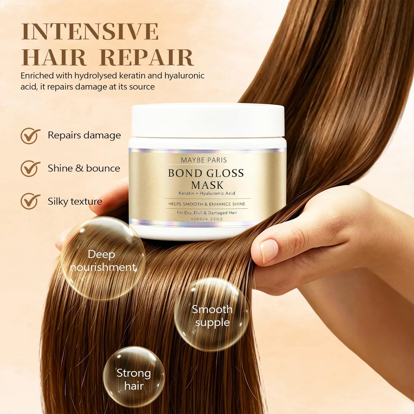 2PCS Maybe Paris Bond Gloss Mask – Hydrolyzed Keratin & Hyaluronic Acid for Stronger, Smoother, Shinier Hair – Bond Gloss Mask Hydrating Nourishing & Deep Repairing for Dry, Dull, Damaged Brittle Hair
