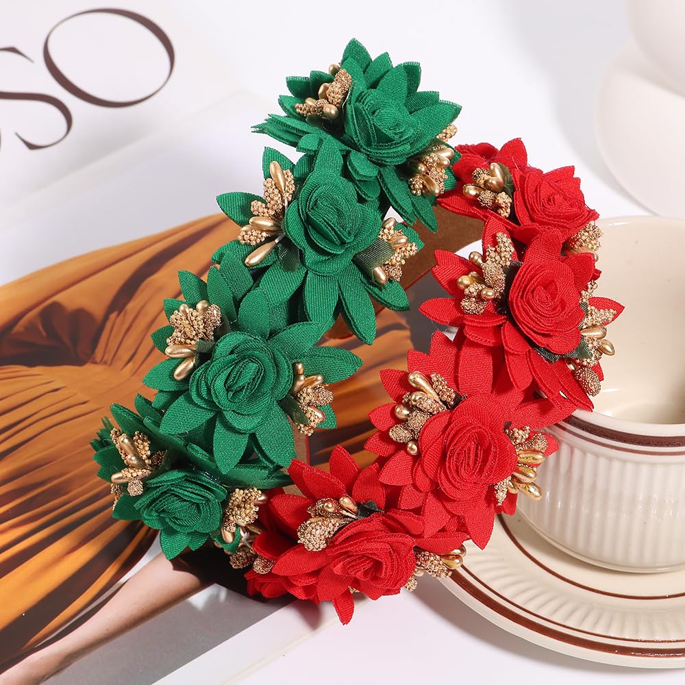 TURTLEDOVE Red Green Rose Fairy Headband, Baroque Chunky Flower Headbands for Women, Flower Fairy Accessories with Gold Accents
