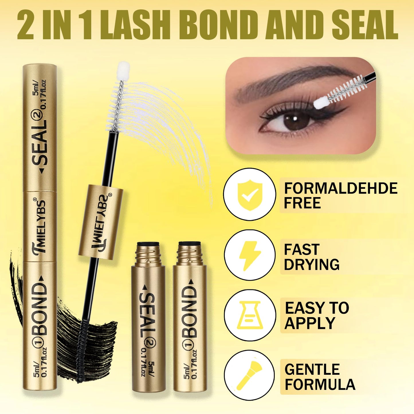 Lash Bond and Seal - Waterproof Lash Cluster Glue, 2-in-1 Strong Hold & Sealant for 72Hrs, Upgraded Long Lasting & Non-Irritating DIY Eyelash Extension at Home, by TMIELYBS (Black Bond,10ML)