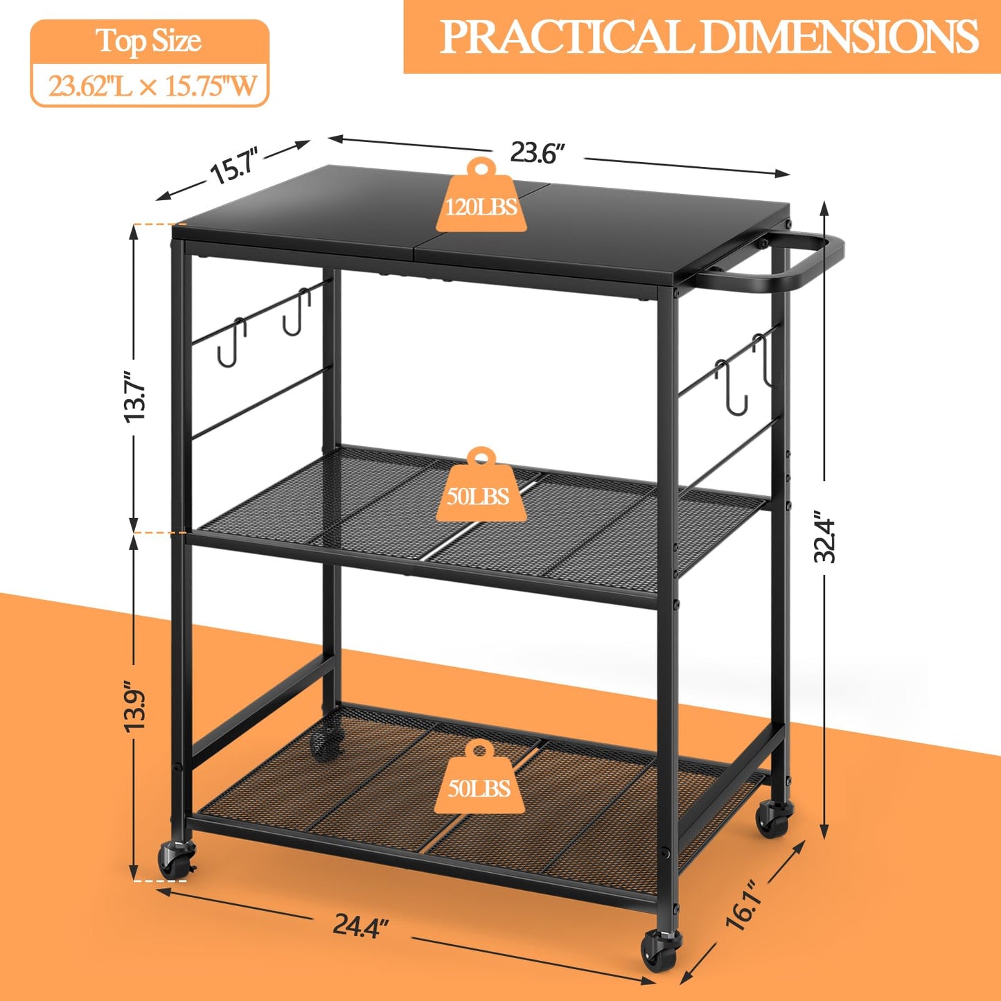 DAOUTIME Grill Cart for Outside, 3-Tier BBQ Food Prep Rolling Table Cart, with 23.62" Lx 15.75" W Rust-Resistant Tabletop, Outdoor Pizza Oven Table Ideal for Patio Backyard Kitchen Tools Room