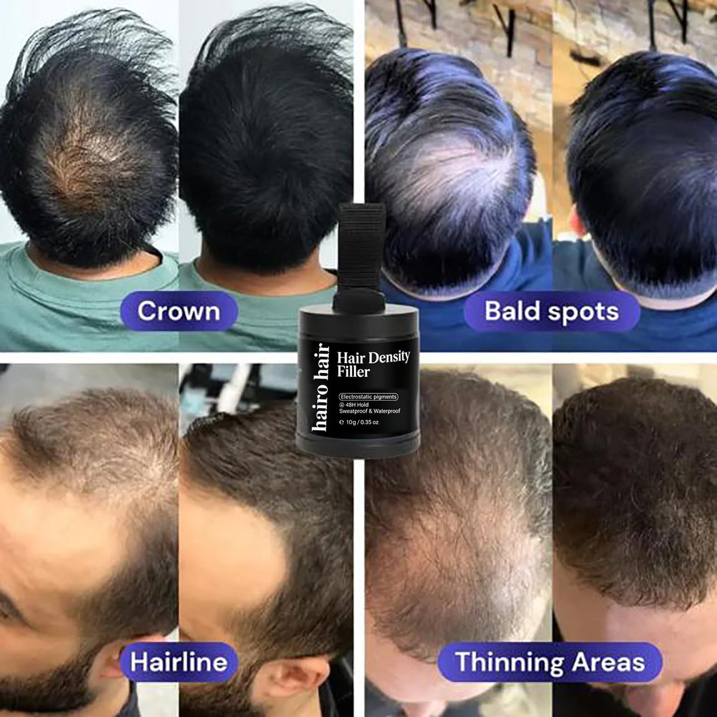 Hair Density Filler - 24-Hour Stain-Proof Hairline Powder for Bald Spot Concealing & Gray Root Touch Up, Instant Invisible Coverage for Men & Women, Waterproof, 10-Second Application (Black*3)