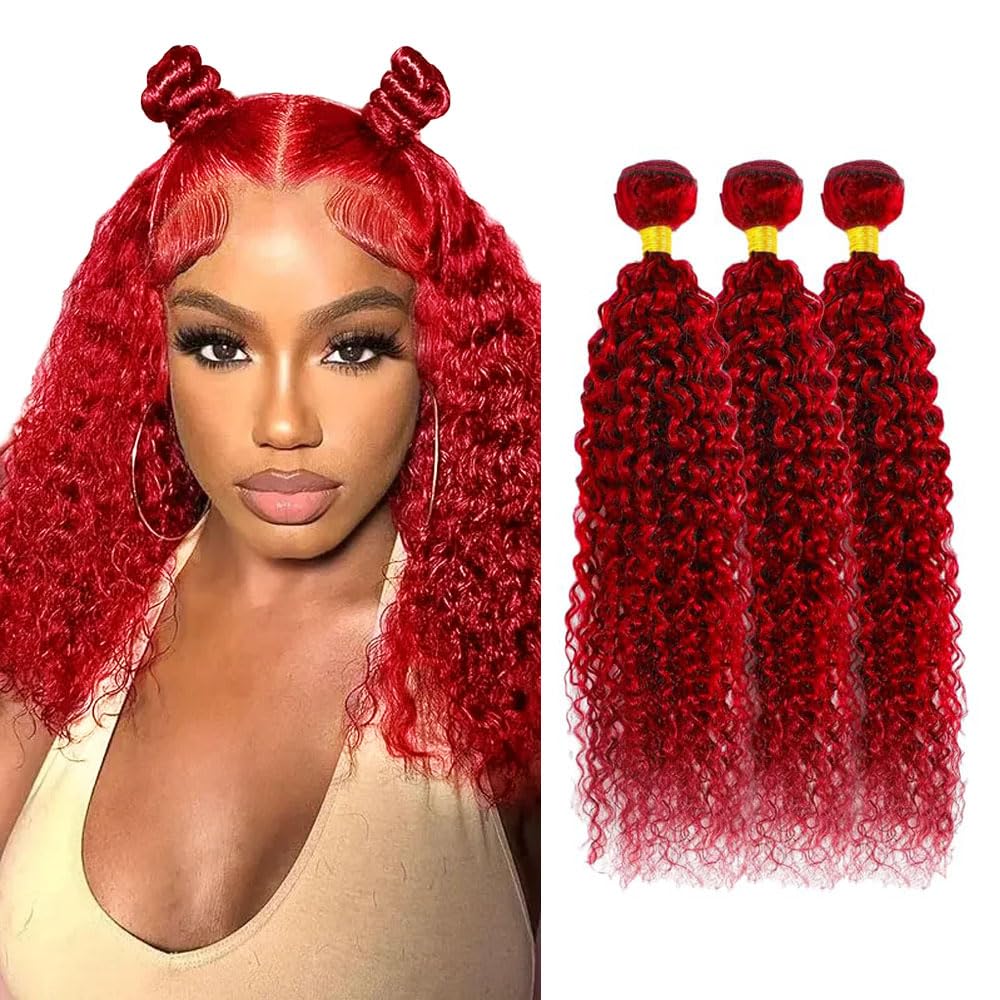 Red Bundles Human Hair Braight Red Kinky Curly Bundle Grade 8A Brazilian Virgin Remy Hair 3 Bundles/150g 12 14 16 Inch Double Weft Burgundy Bundle Hair Weave