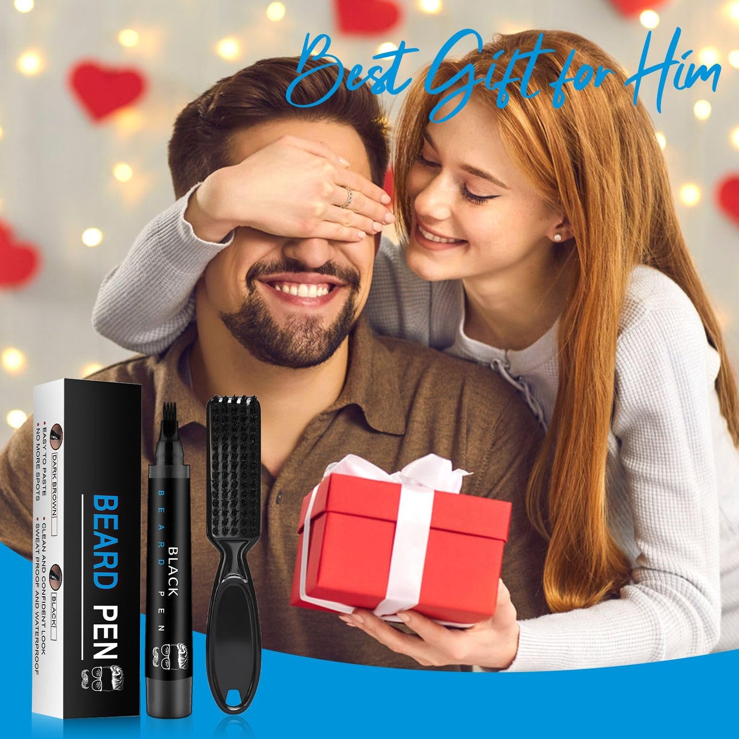 Beard Pen with Brush Long-wear & Water-proof, Mens Grooming Kits Creating Voluminous Beard Color Dad Gifts (Black)