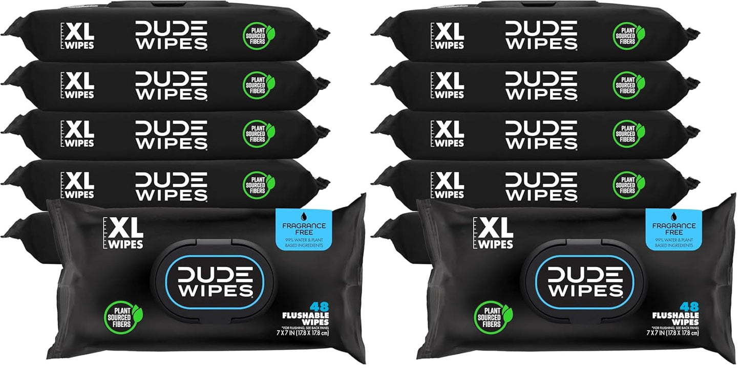 Dude Wipes Unscented Flushable Wipes - Extra-Large Adult Wet Wipes for Sensitive Skin | 6 Pack (288 Count) with Vitamin E and Aloe