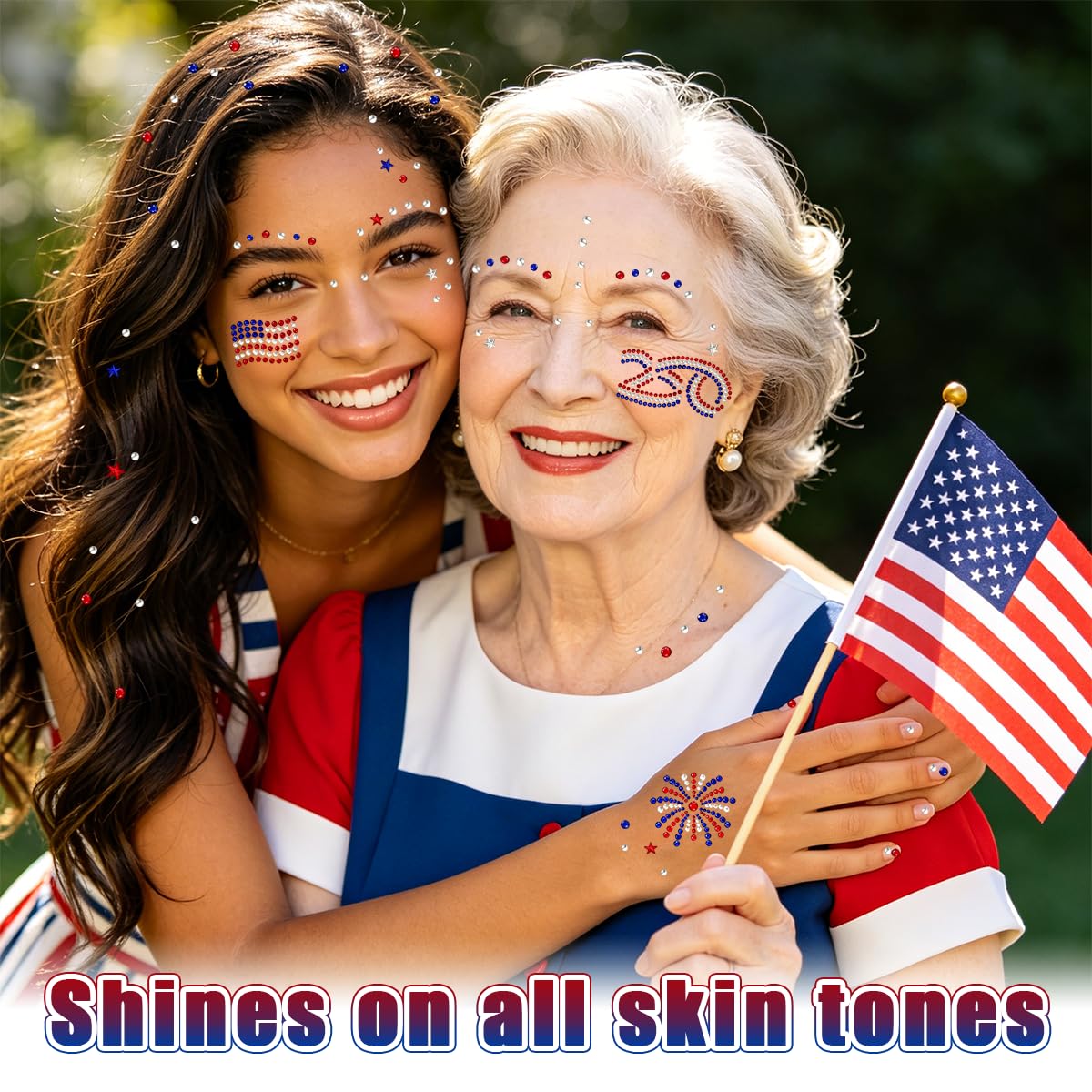 Mysense 4th of July Face Gems Stickers, Red White Blue Rhinestone Face Jewels, 250th Anniversary Flag & Fireworks, Self-Adhesive for Women’s 4th of July Outfits, Makeup & Party Accessories