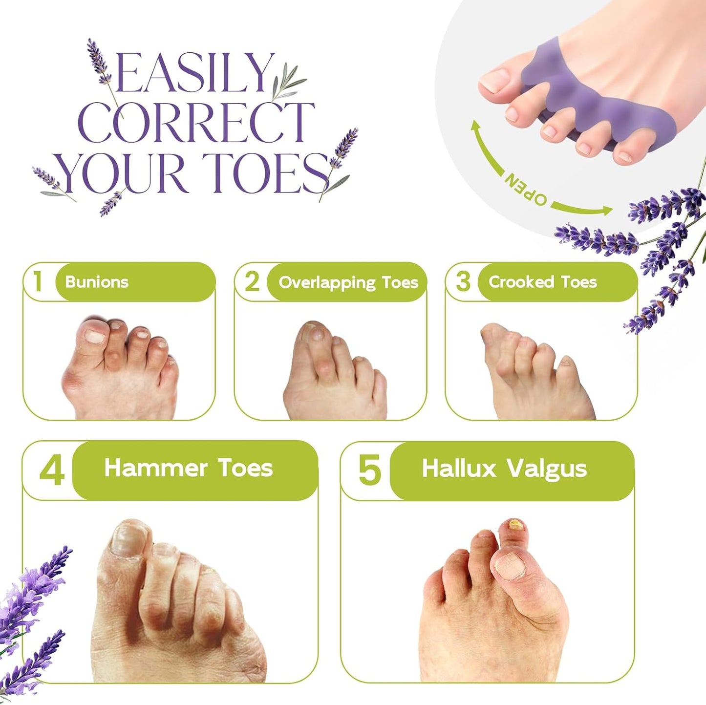 Silicone Toe Separators for Bunion Correction - 4 Pairs of Toe Spacers for Men & Women | Hammer Toe Straighteners, Lavender