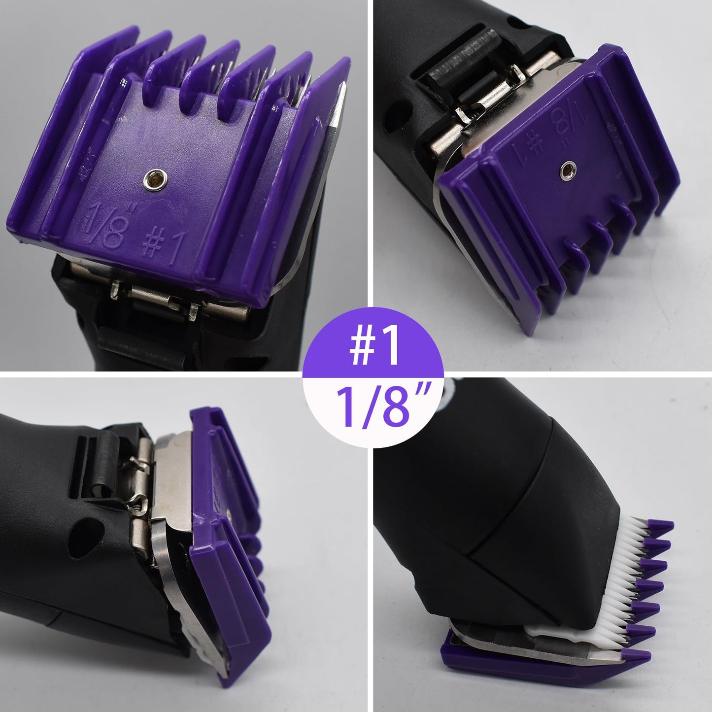 4 Pieces Professional A5-Style Animal Clipper Attachment Guard Guide Cutting Combs Set 76926-900, 1/8", 1/4", 3/8", 1/2", Compatible with Oster Classic 76 A5 Andis AG BG Wahl KM Pet Groomers (Purple)