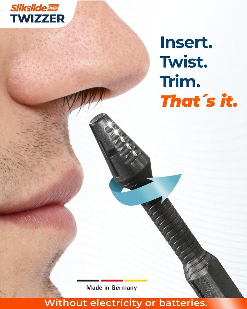 Silkslide TWIZZER, Nose Hair and Ear Hair Trimmer for Men and Women, Twist and Trim Nasal Hair Removal, German Blades, Patented Design, No Electricty or Batteries