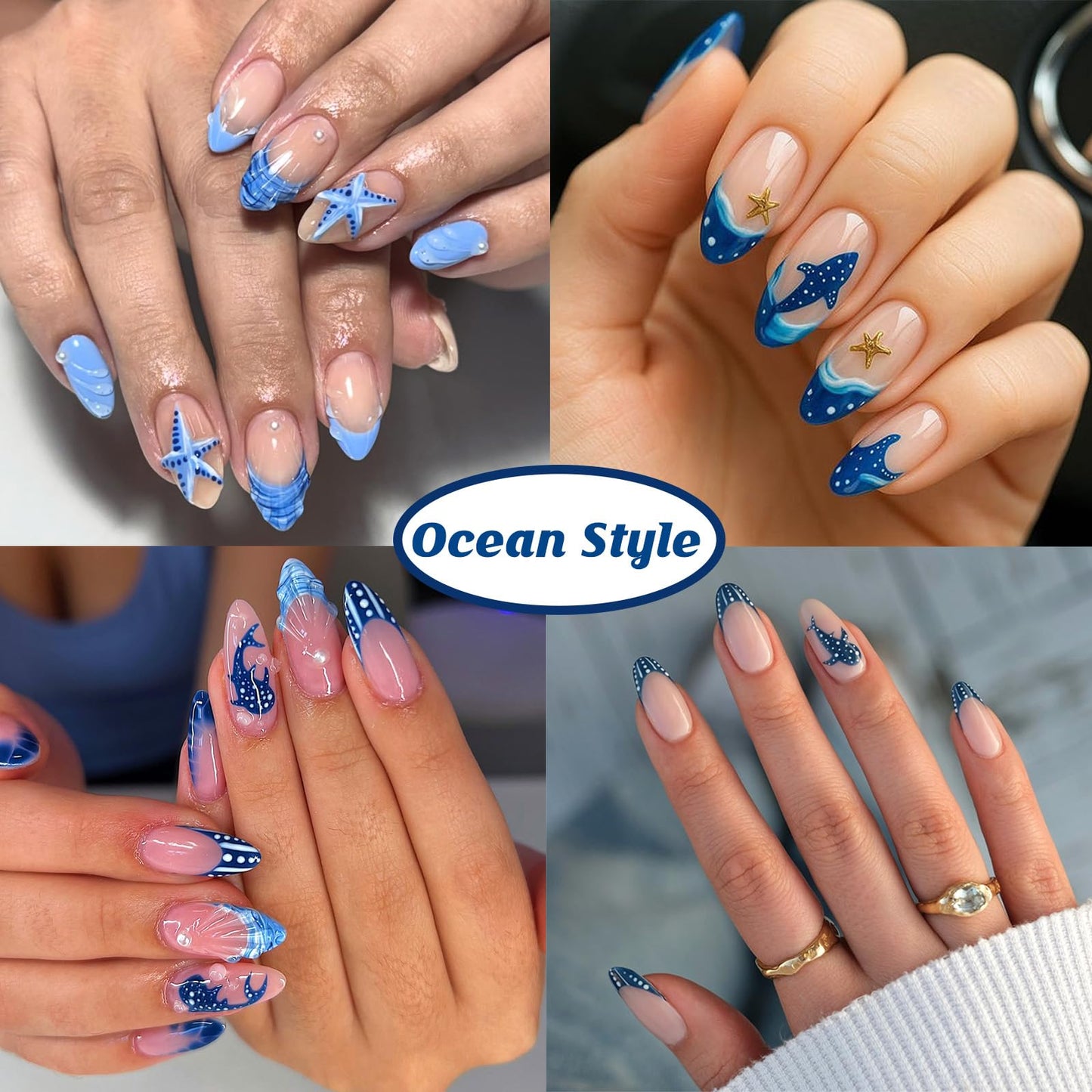Summer Ocean Nail Stickers 3PCS Blue Polka Dot Whale Shark Nail Art Stickers Starfish Jellyfish Design Self-Adhesive French Manicure Decals Nail Supplies for Women DIY Nail Decorations