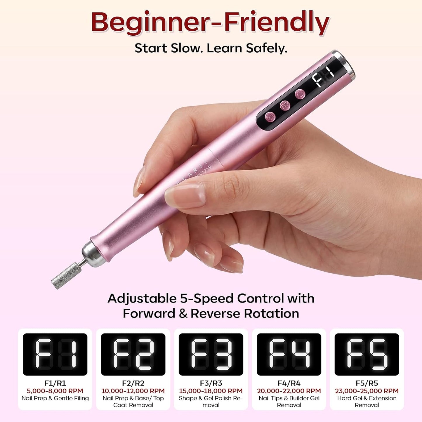 Rechargeable Nail Drill - 25,000 RPM Cordless Electric File | Lightweight E-File Kit for Gel Polish Removal (Pink)