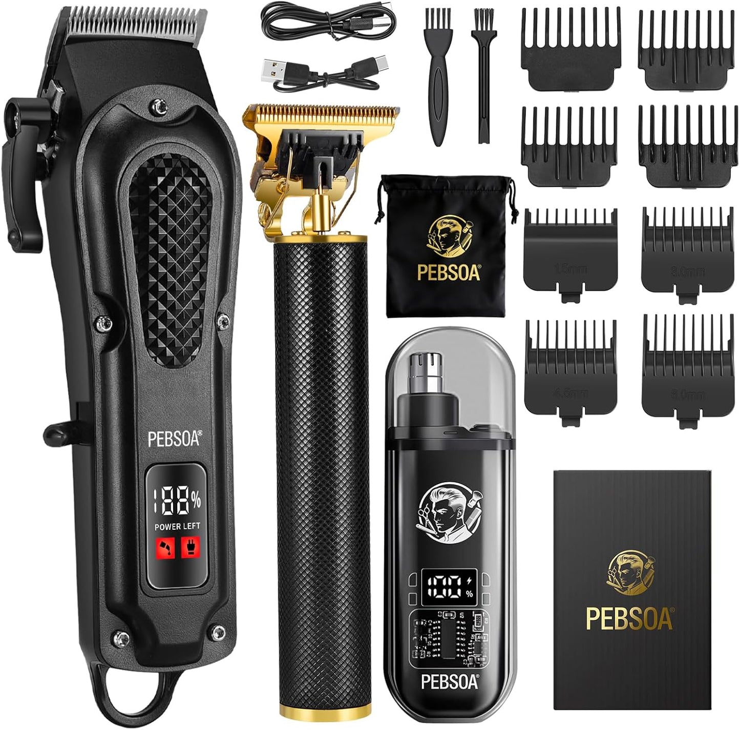 Professional Men's Hair Trimmer Set - Cordless Clippers with T-Shaped & Nose Hair Trimmer | LCD Battery Display, Black