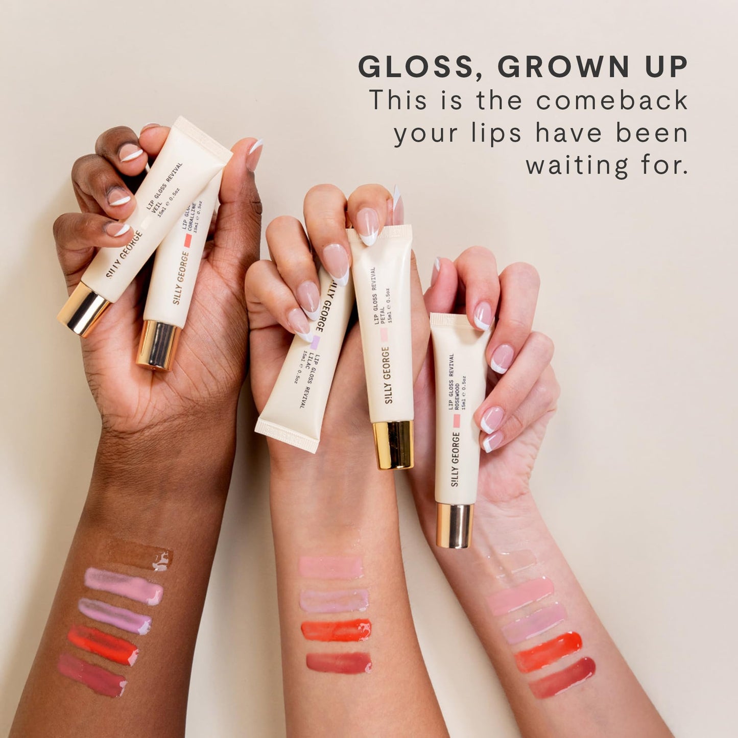 Silly George Lip Gloss Revival - Glossy Hydrating Glaze with Peptides, Shea Butter, & Moisturizing Argan, Macadamia, Babassu Oil for Dry Lips, Clean Beauty Products, Rosewood, 15ml Tubes