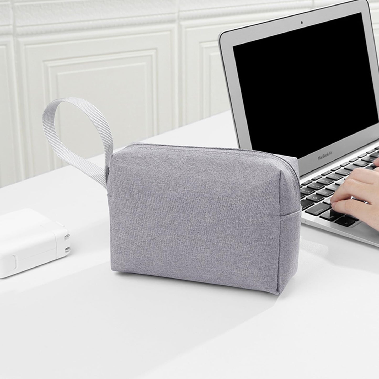 Tmiulu Waterproof Cosmetic Bag for Women | Soft Travel Makeup & Toiletry Organizer, Large Portable Storage for Makeup Products, Tissues, Electronics, USB Cables| Nylon, Durable & Stylish (Large-Grey)